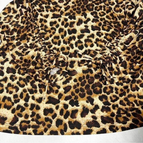 Chico’s Tan Brown Cheetah Animal Print Slit Ruched Tie 3/4 Sleeve Top Medium - Picture 7 of 11